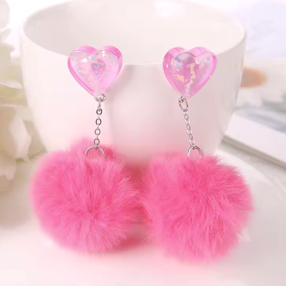 Pink Heart & Fluffy Puff Ball Earrings Girly Fashion